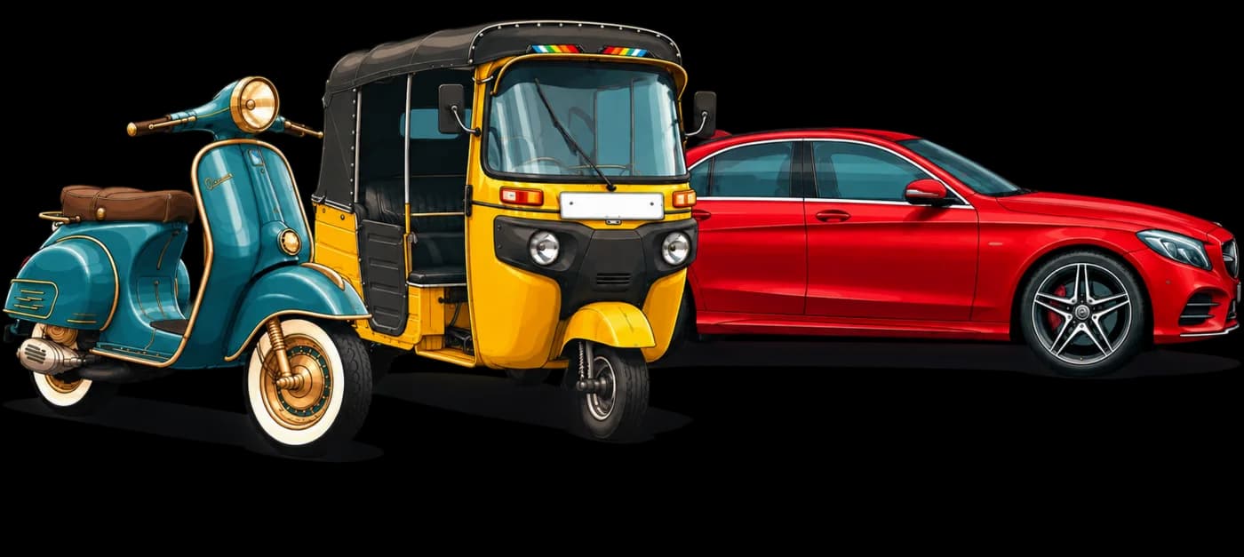 A scooter, a tuk-tuk and a car from the Weligama fleet