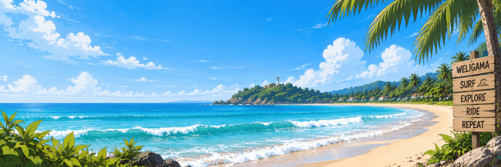 Weligama Bay beach, surf waves, lighthouse and tropical palm trees